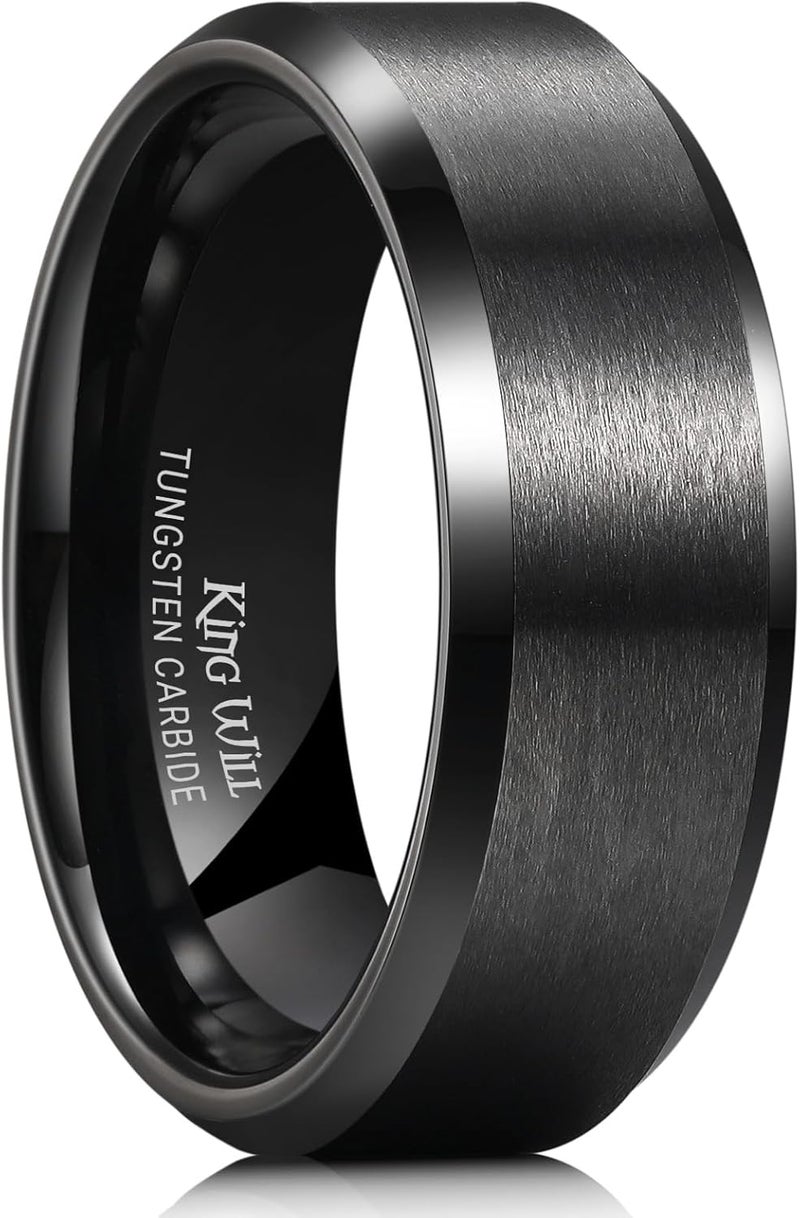 King Will Tungsten Men's Wedding Ring - Available in 6mm to 10mm, Black/Silver, Matte Finish, Beveled Polished Edge, Comfort Fit - Image 1